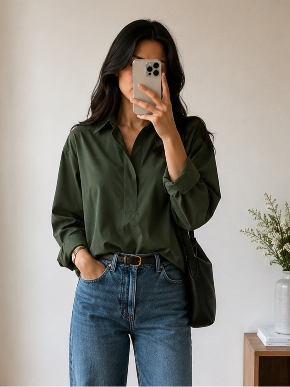 Lafayette 148 NY Dark Olive Tunic Blouse Longline Minimalis Hem Shirt Cotton,S/P